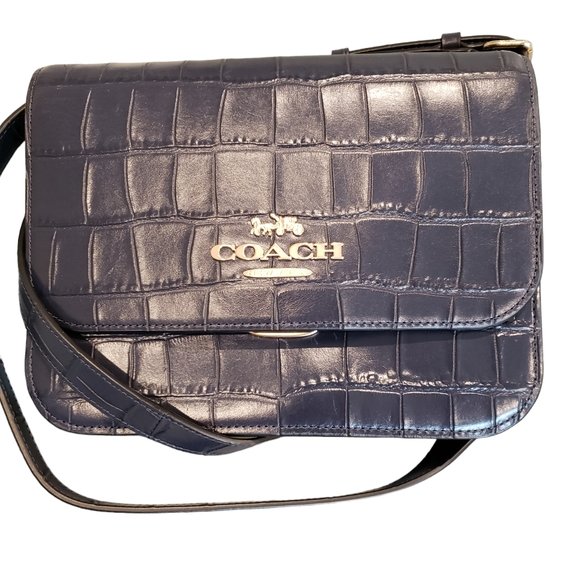 Coach Handbags - NEW Coach Navy Blue Croc Embossed Leather Flap Adjustable Shoulder Purse Bag